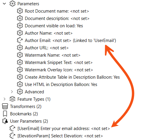 An FME parameter showing it is linked in the Navigator